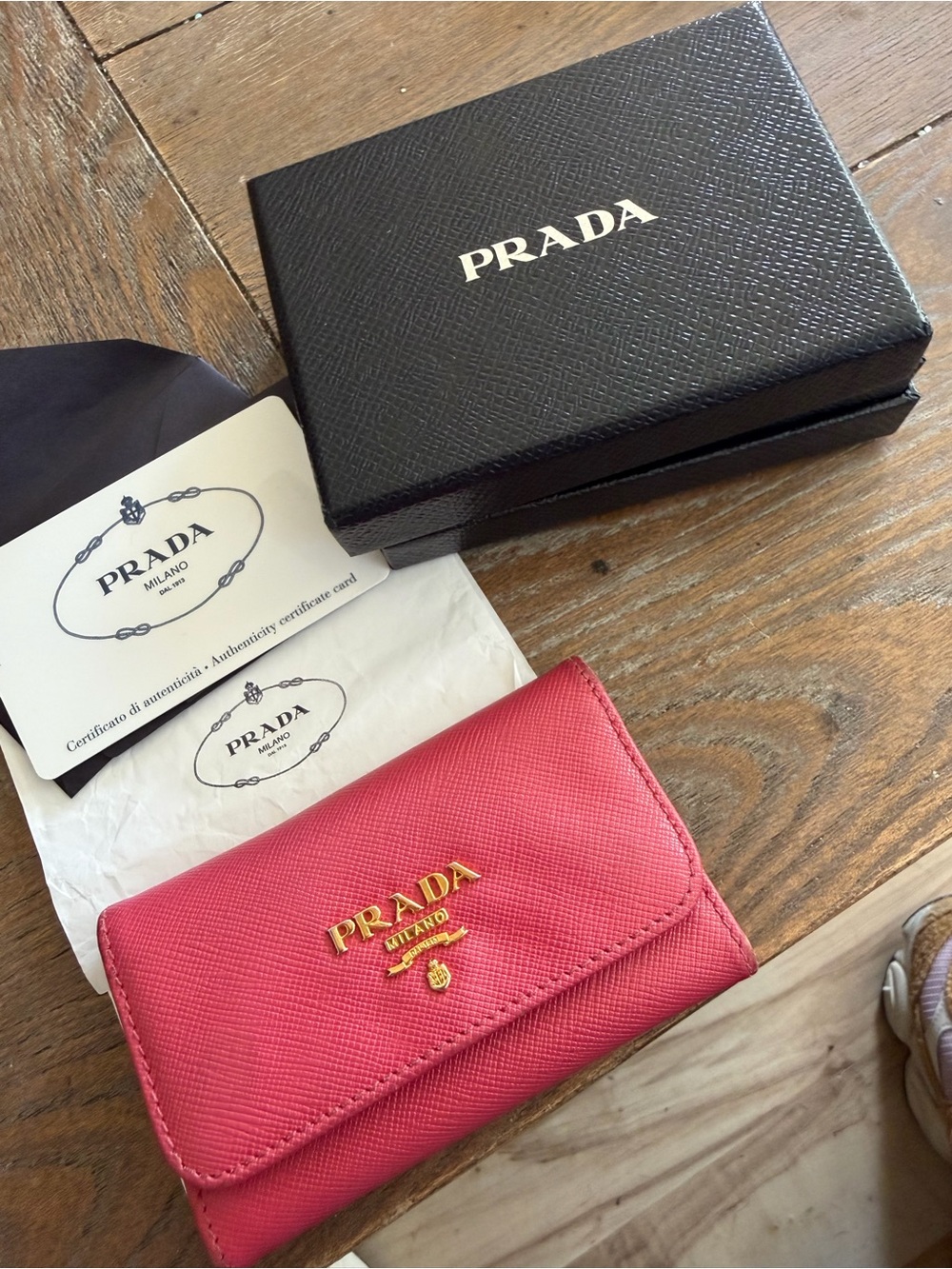 Prada Pink Saffiano Leather Key & Card Holder with Gold Logo